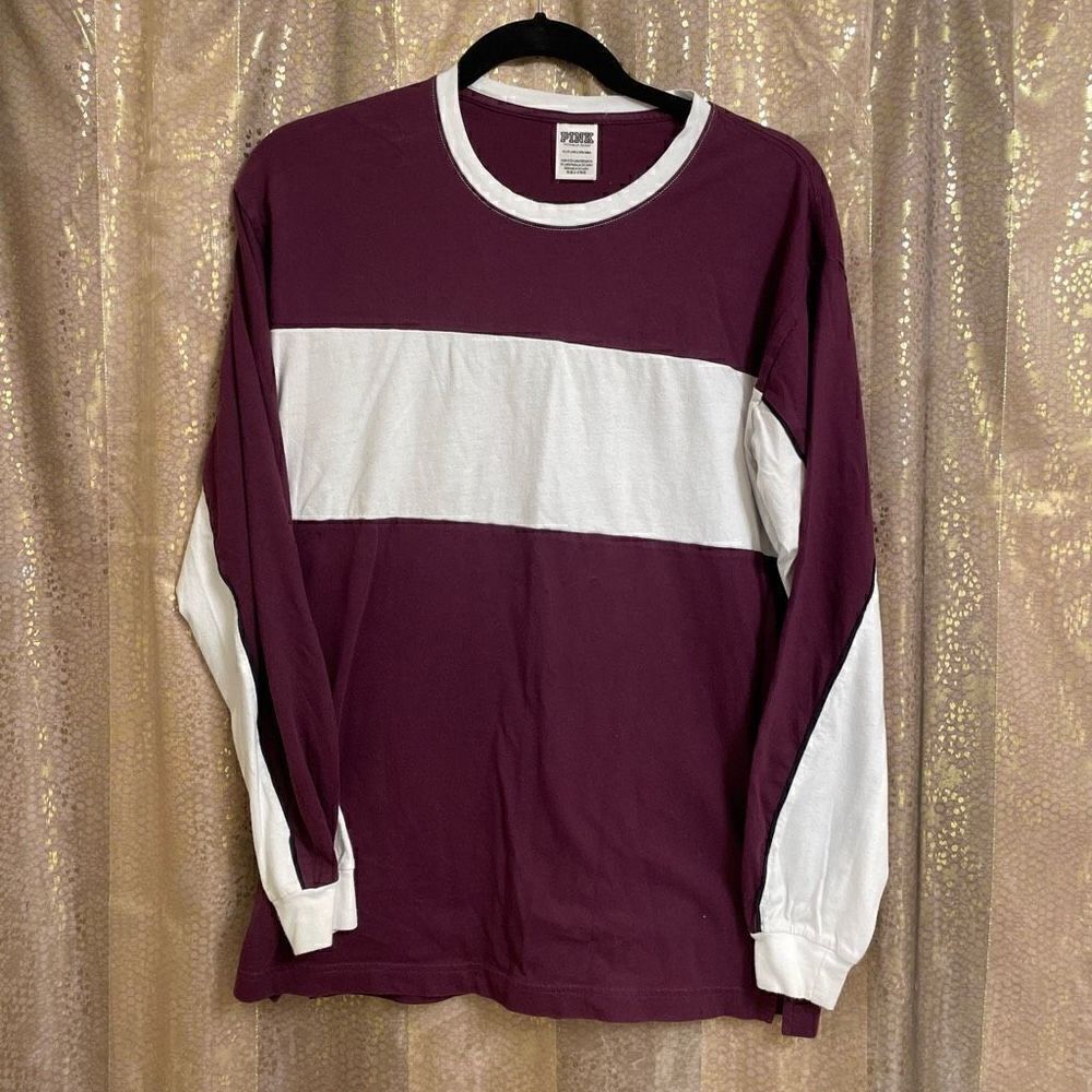 PINK Victorias Secret Maroon White Colorblock Campus Long Sleeve Shirt, Small
